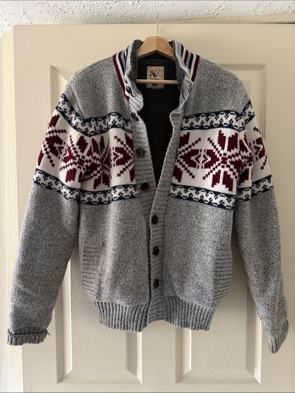 Men's Grey Cardigan with Burgundy Nordic Pattern